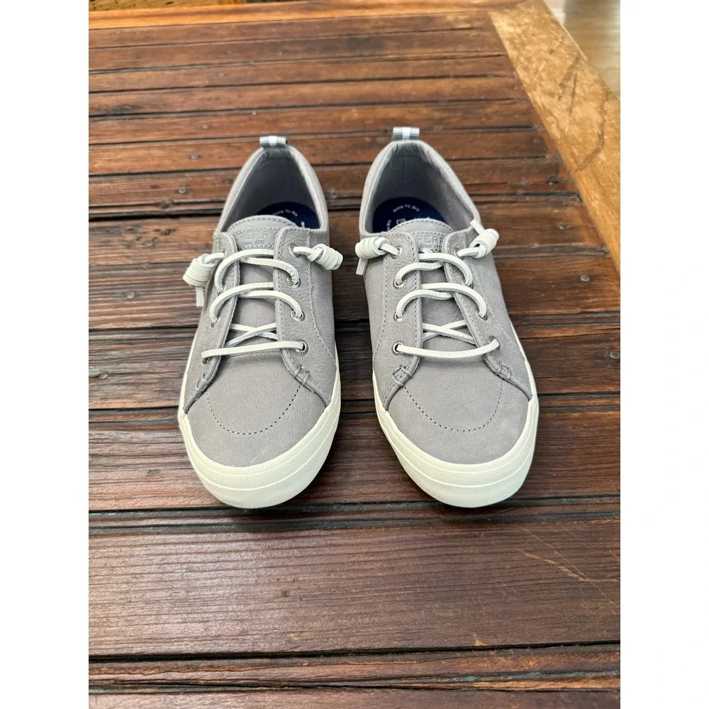 Sperry Crest Vibe Washable Leather Barrel Lace Sneakers Light Grey 8.5 Preppy